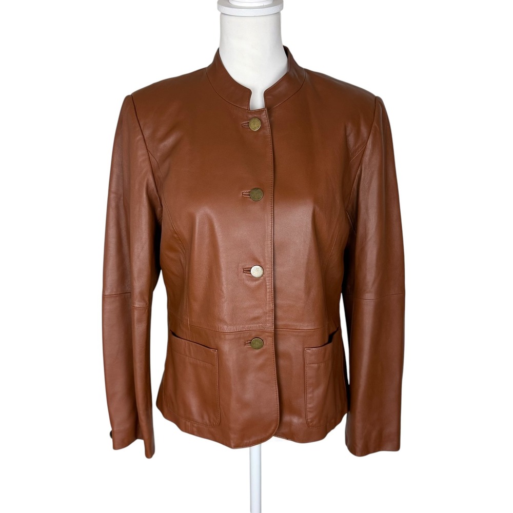 Talbots Petites Cognac Brown Leather Mandarin Collar Button Blazer Size 10P